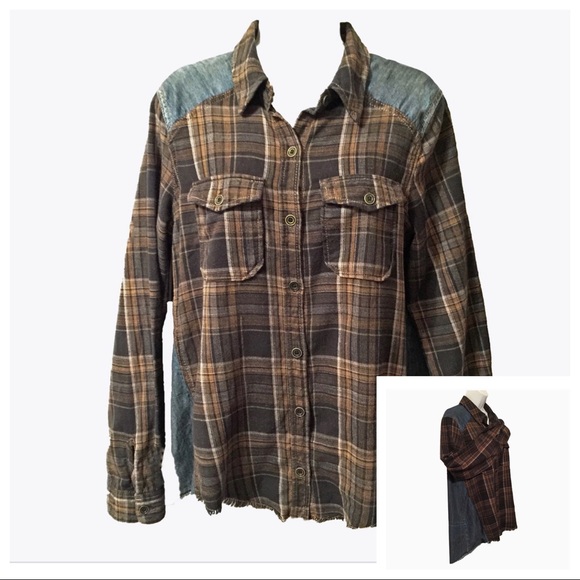 Free People plaid / denim blouse - Picture 6 of 8